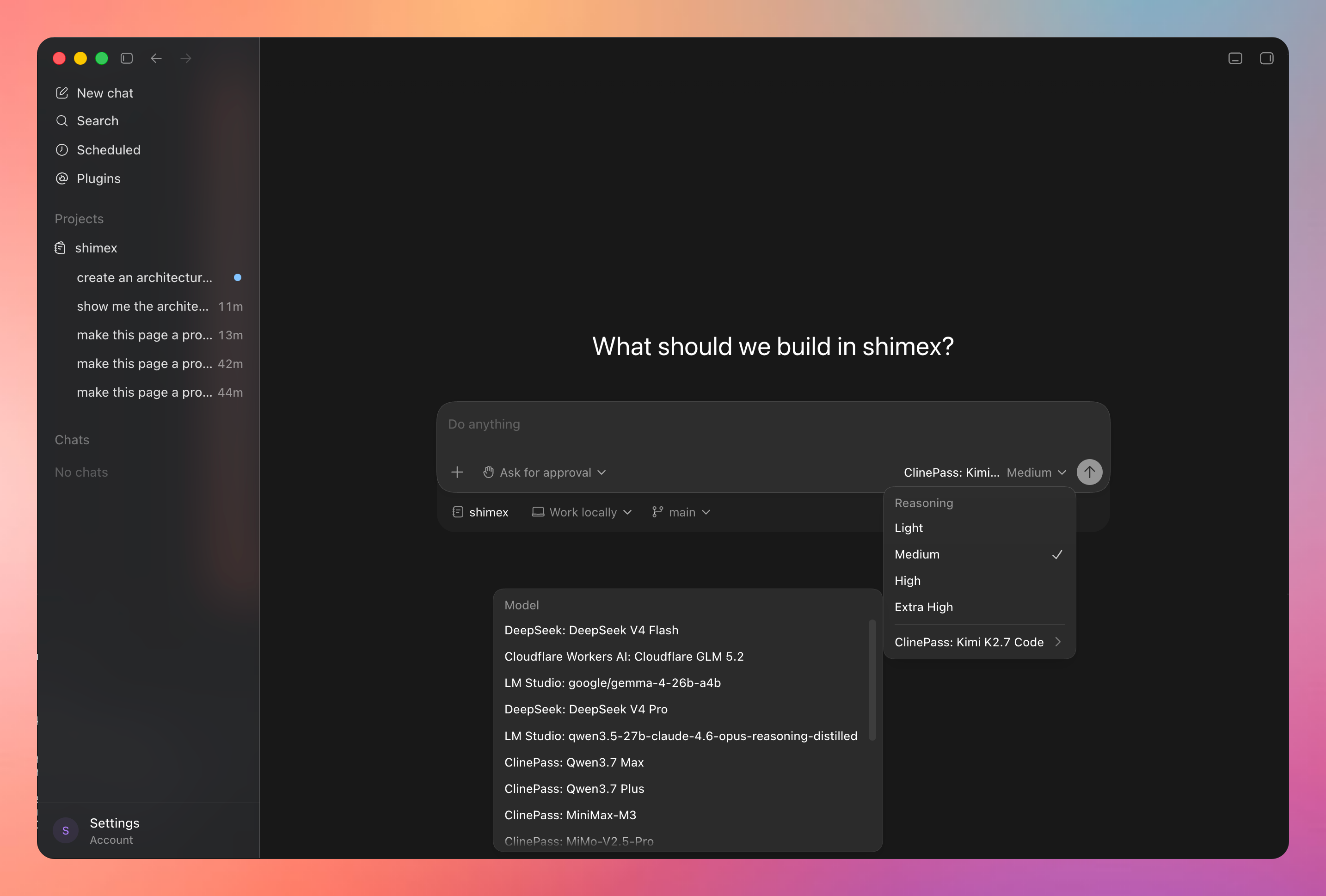 Shimex admin control plane showing providers, models, and managed-app controls